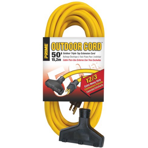 PRIME EC600830 50' 12/3 SJTW Triple-Tap Extra Heavy Duty Outdoor Extension Cord, Yellow
