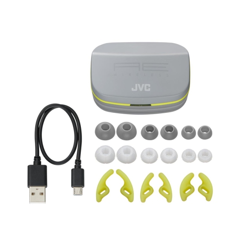 JVC HA-AE5T-H - In-Ear Sports Headphones, Truely Wireless with Charging Box, Bluetooth 5.0, Grey and Yellow