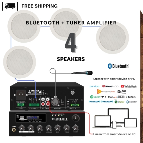 TEXONIC  Commercial Audio System 70V | 4 In-Ceiling & 60W Amplifier Built In Fm Radio Bluetooth & Mp3 | Background Music System