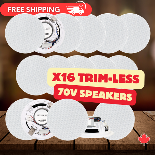 TEXONIC  6" 70V Trim-Less Commercial In-Ceiling Speaker Package With Spring Clamp Installation (16-Pack) for Background Music Systems