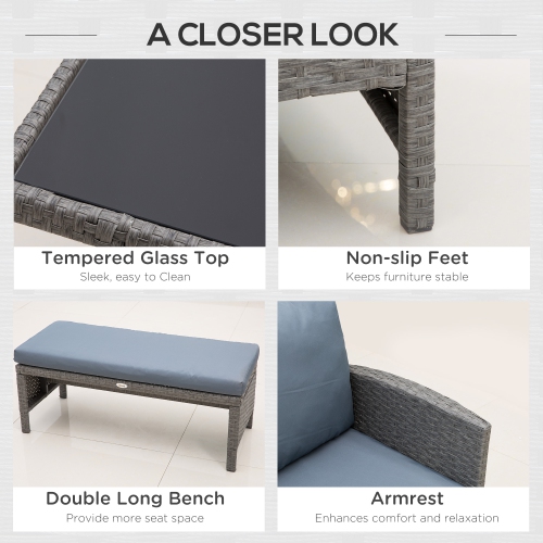 Outsunny 4 Pieces Patio Furniture Set, Outdoor Dinning Set Rattan Wicker Furniture With L shaped Long Sofa, Dining Table and Bench for Backyard