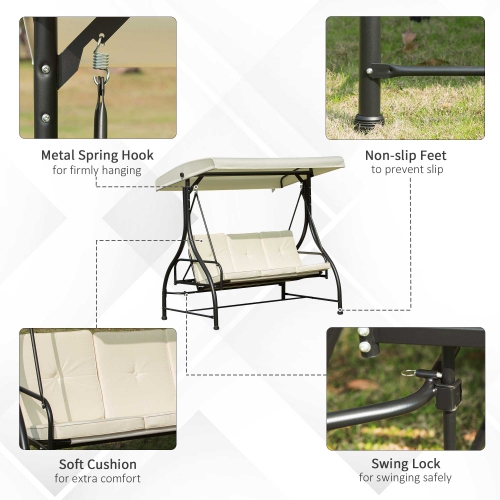 Chaise pivotante de patio à 3 places Outsunny, lit pivotant rembourré et balancelle pour l'extérieur avec auvent beige