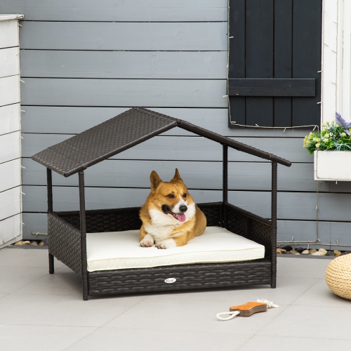 PawHut Rattan Dog House Outdoor with Canopy, Wicker Dog Bed with Water-Resistant Cushion, for Small and Medium Breeds Cream White