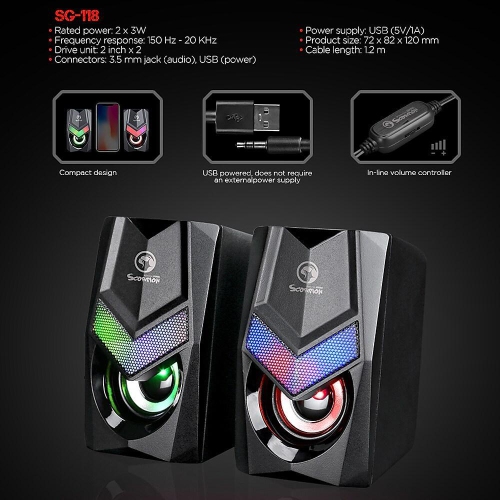 Marvo Scorpion SG-118 USB Powered, 3.5mm Plug 2.0 Stereo Gaming Speakers with Rainbow Backlight and Volume Control