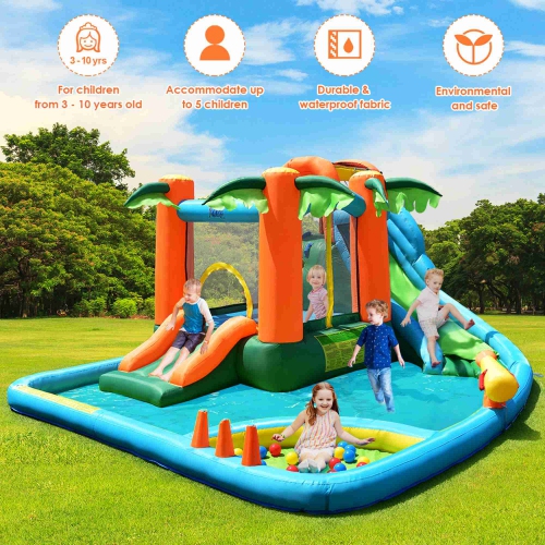 Costway Inflatable Bounce House Kids Water Splash Pool Dual Slide Jumping Castle w/ Bag