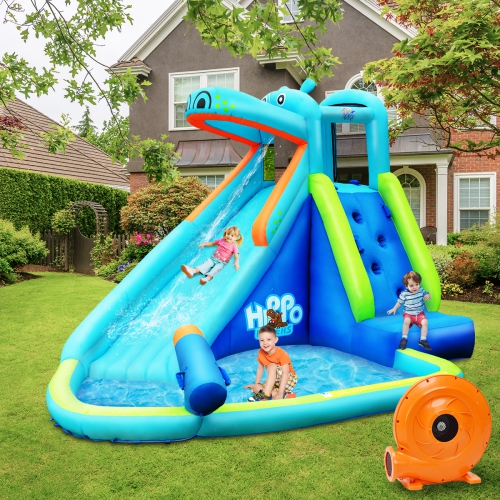 Costway Inflatable Kids Hippo Bounce House Slide Climbing Wall Splash Pool w/740W Blower