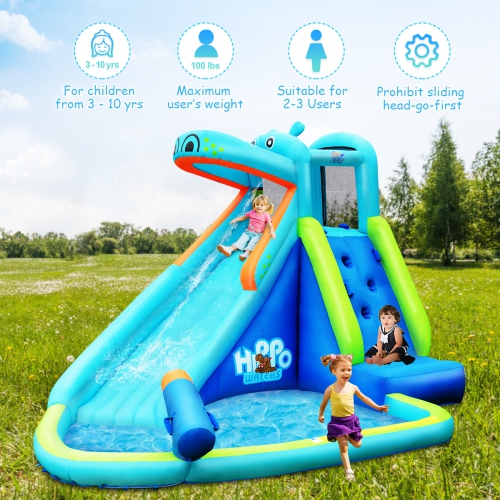 Costway Inflatable Kids Hippo Bounce House Slide Climbing Wall Splash Pool w/740W Blower