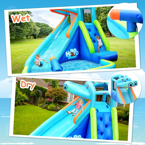 Costway Inflatable Kids Hippo Bounce House Slide Climbing Wall Splash Pool w/740W Blower