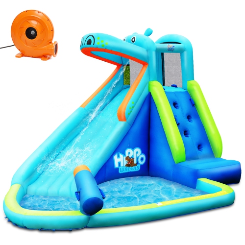 Costway Inflatable Kids Hippo Bounce House Slide Climbing Wall Splash Pool w/740W Blower