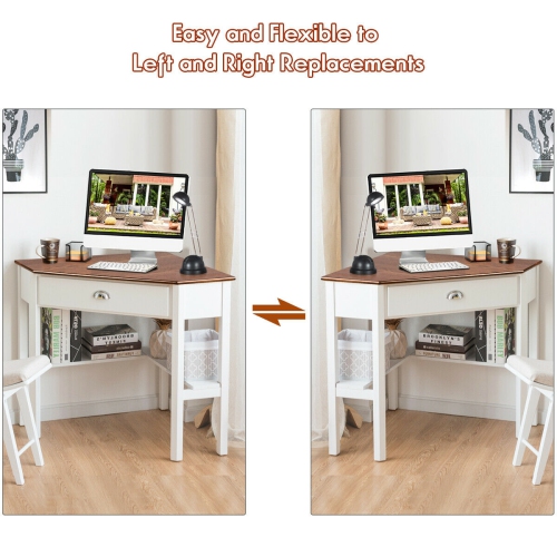Costway Triangle Computer Desk Corner Office Desk Laptop Table w/ Drawer Shelves Rustic