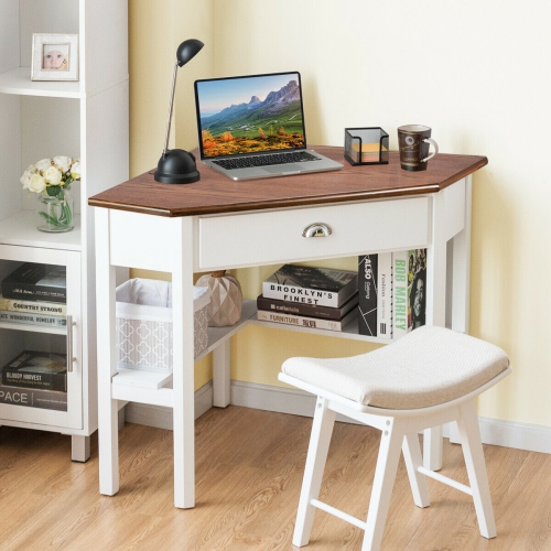 Costway Triangle Computer Desk Corner Office Desk Laptop Table w/ Drawer Shelves Rustic