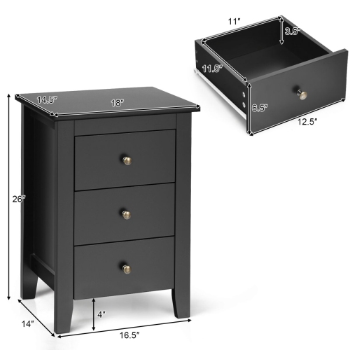 Costway Nightstand End Beside Sofa Table Cabinet w/ 3 Drawers Bedroom Furniture Black