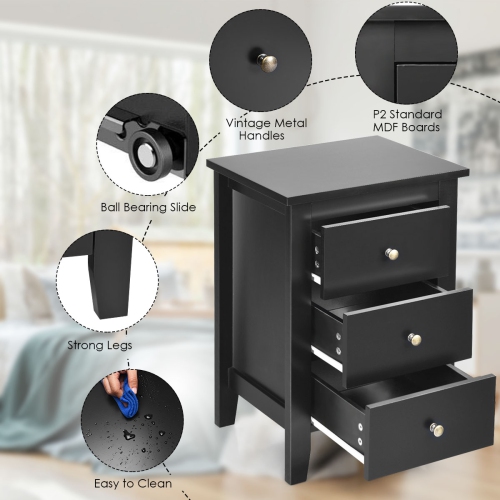 Costway Nightstand End Beside Sofa Table Cabinet w/ 3 Drawers Bedroom Furniture Black