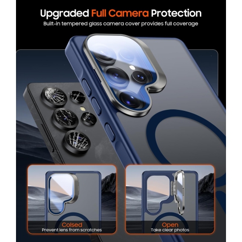 TopSave Matte Semi Clear Protective with Raised Camera Lens Cover and Metallic Trim Adjustable Camera Cover Kickstand Phone Case For Samsung Galaxy