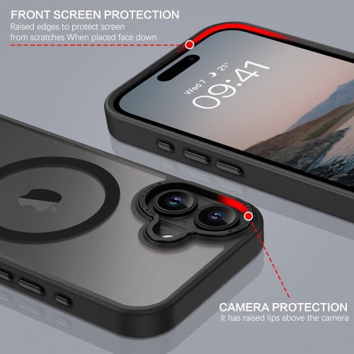 TopSave Strong Magnetic Compatible avec MagSafe, étui protecteur mince translucide mat avec lentille de caméra surélevée et garniture métallique pour