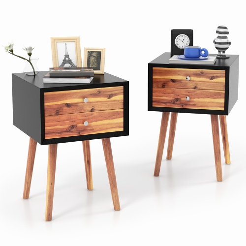 GYMAX  2PCs Wooden Nightstand Mid-Century End Side Table Living Room W/2 Storage Drawer