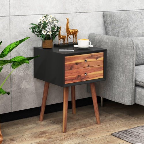Gymax Wooden Nightstand Mid-Century End Side Table Living Room W/2 Storage Drawers