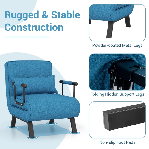 Gymax 5 Position Convertible Sofa Chair Folding Sleeper Bed w/ Pillow Blue/Gray