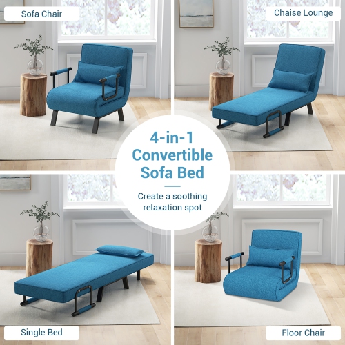 Gymax 5 Position Convertible Sofa Chair Folding Sleeper Bed w/ Pillow Blue/Gray