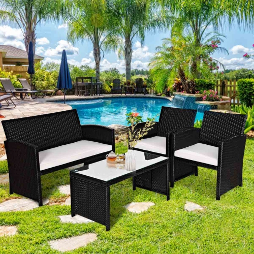 Gymax 4PCS Rattan Patio Conversation Set Outdoor w/ Coffee Table Cushioned Sofa