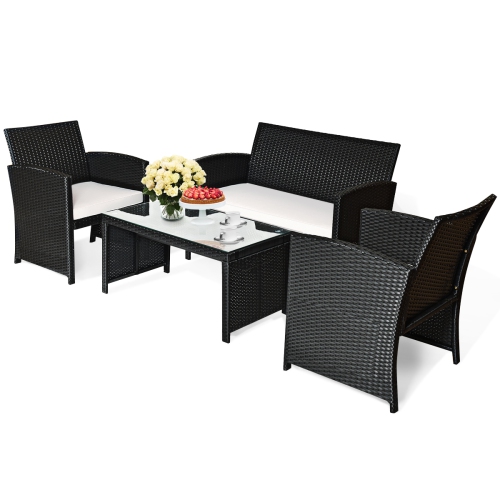 Gymax 4PCS Rattan Patio Conversation Set Outdoor w/ Coffee Table Cushioned Sofa