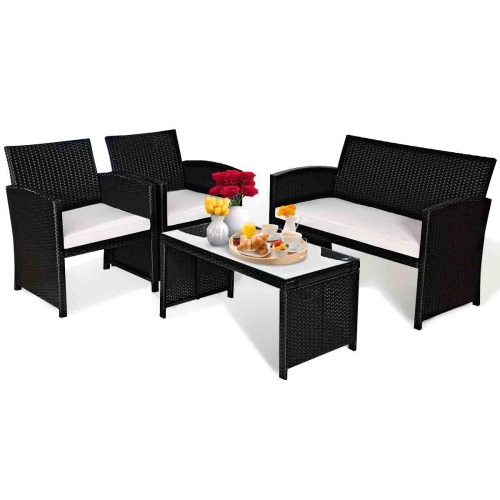 Gymax 4PCS Rattan Patio Conversation Set Outdoor w/ Coffee Table Cushioned Sofa