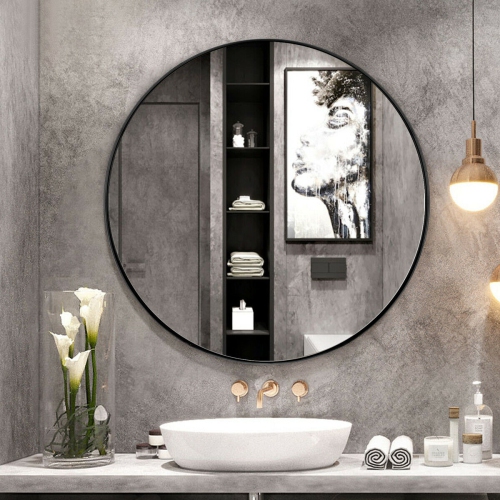 Gymax 27.5'' Modern Metal Wall-Mounted Round Mirror for Bathroom Entryway Black