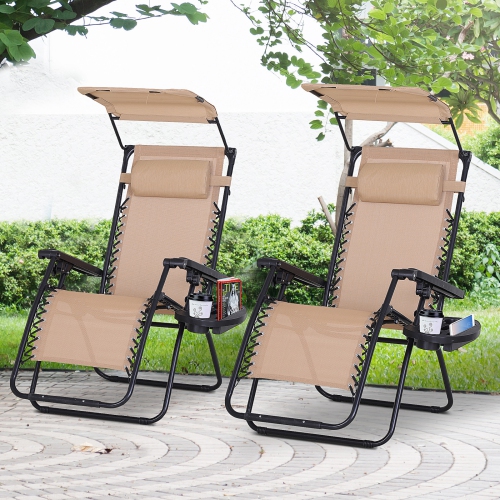 Outsunny 2 Piece Foldable Lounge Chair with Canopy Shade, Outdoor Zero Gravity Chair w/ Side Tray & Cup Holder, Reclining Lounger w/ Breathable Mesh