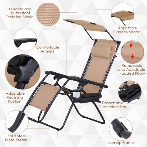 Outsunny 2 Piece Foldable Lounge Chair with Canopy Shade, Outdoor Zero Gravity Chair w/ Side Tray & Cup Holder, Reclining Lounger w/ Breathable Mesh