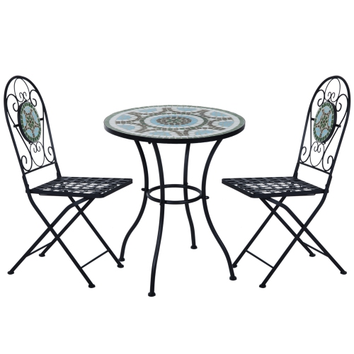 Outsunny 3 Piece Patio Bistro Set with Mosaic Design, Outdoor Dining Furniture Set for 2 with Folding Chairs, Green