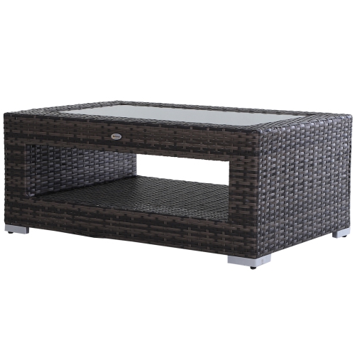 Outsunny 2-Tier Rattan Patio Coffee Table Outdoor Side Table PE Wicker Patio Garden Tea End Desk with Tempered Glass Top & Storage for Balcony,