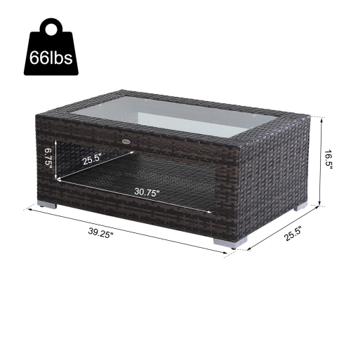 Outsunny 2-Tier Rattan Patio Coffee Table Outdoor Side Table PE Wicker Patio Garden Tea End Desk with Tempered Glass Top & Storage for Balcony,