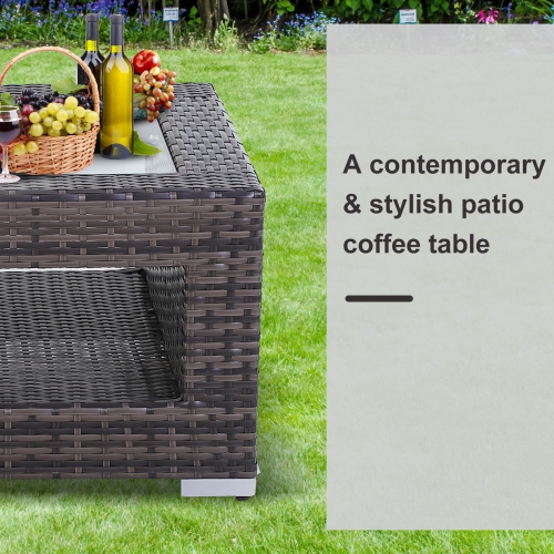 Outsunny 2-Tier Rattan Patio Coffee Table Outdoor Side Table PE Wicker Patio Garden Tea End Desk with Tempered Glass Top & Storage for Balcony,