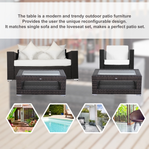 Outsunny 2-Tier Rattan Patio Coffee Table Outdoor Side Table PE Wicker Patio Garden Tea End Desk with Tempered Glass Top & Storage for Balcony,