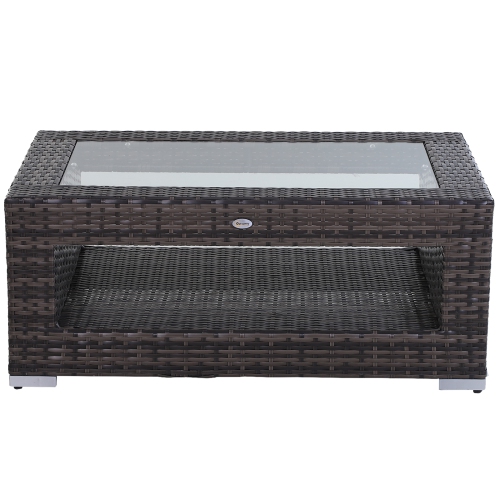 Outsunny 2-Tier Rattan Patio Coffee Table Outdoor Side Table PE Wicker Patio Garden Tea End Desk with Tempered Glass Top & Storage for Balcony,