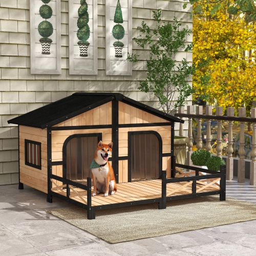 PawHut Dog House Outdoor, Extra Large Luxury Elevated Dog Kennel for 2 Small Medium Breeds, Waterproof Pet Shelter with Porch Deck, 59" x 64" x 39",