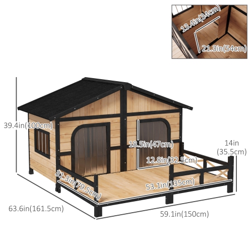 PawHut Dog House Outdoor, Extra Large Luxury Elevated Dog Kennel for 2 Small Medium Breeds, Waterproof Pet Shelter with Porch Deck, 59" x 64" x 39",