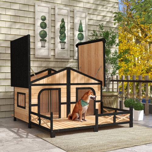 PawHut Dog House Outdoor, Extra Large Luxury Elevated Dog Kennel for 2 Small Medium Breeds, Waterproof Pet Shelter with Porch Deck, 59" x 64" x 39",