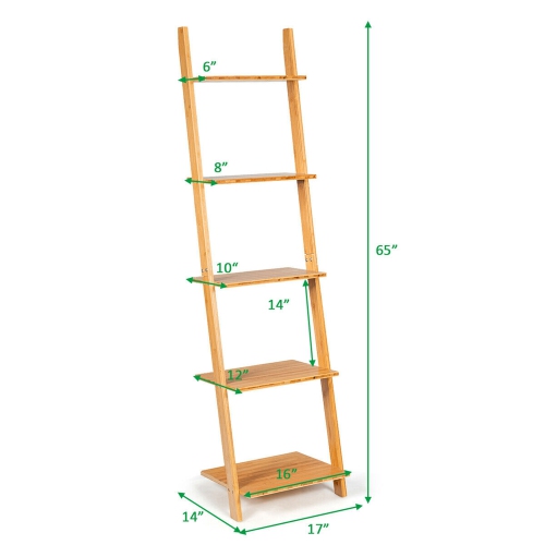 Gymax 5-Tier Ladder Shelf Modern Bamboo Leaning Bookshelf Ladder Bookcase Open Display