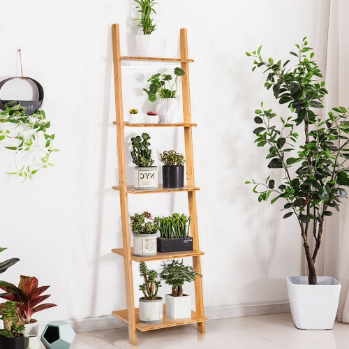 Gymax 5-Tier Ladder Shelf Modern Bamboo Leaning Bookshelf Ladder Bookcase Open Display