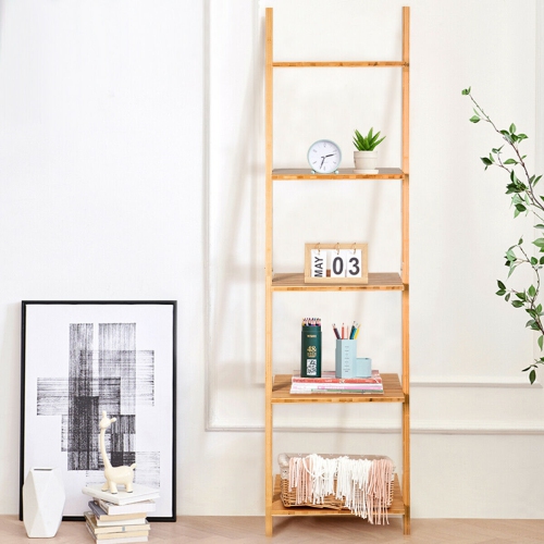 Gymax 5-Tier Ladder Shelf Modern Bamboo Leaning Bookshelf Ladder Bookcase Open Display