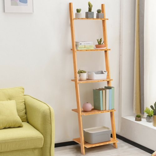 Gymax 5-Tier Ladder Shelf Modern Bamboo Leaning Bookshelf Ladder Bookcase Open Display