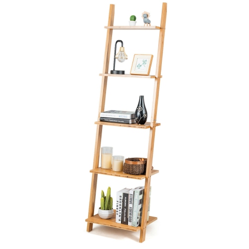 Gymax 5-Tier Ladder Shelf Modern Bamboo Leaning Bookshelf Ladder Bookcase Open Display