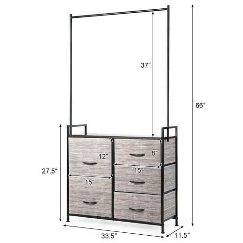 Gymax Dresser Storage Tower Closet Organizer w/ 5 Drawers Metal Frame Wooden Top