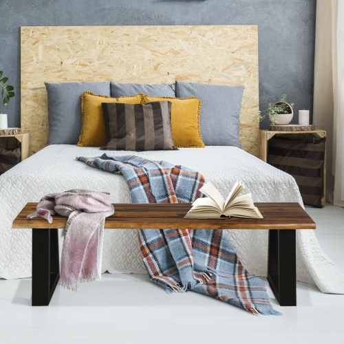 Gymax Solid Acacia Wood Patio Bench Dining Bench Outdoor W/Rustic Metal Legs