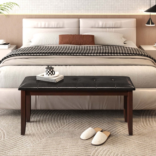 Gymax Upholstered PU Dining Room Bench Solid Wood Button Tufted Dining Room Bench