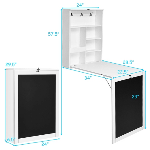 Gymax White/Black/Brown Wall Mounted Table Fold Out Desk with A Blackboard/Chalkboard
