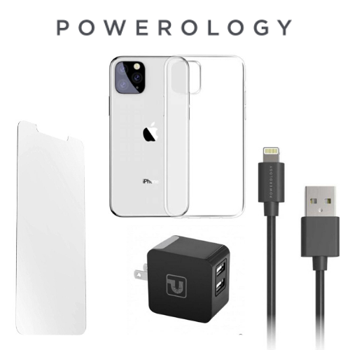 Powerology Essentials Kit 4in1 for iPhone 11 Pro - Slim clear case, Screen protector, Cable and Dual 3.4A charger