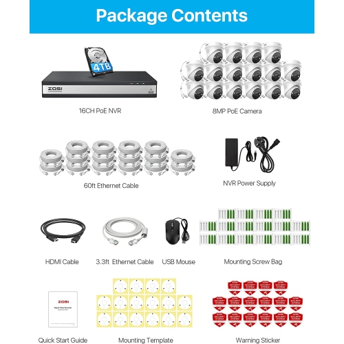 Système de caméra de surveillance PoE 2 Mpx de ZOSI, enregistreur vidéo réseau 8 canaux et (4) caméra IP 1 920 x 1080p d’intérieur/extérieur avec