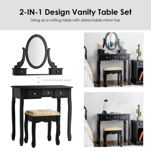 Costway Vanity Table Set Dressing Table Set W/5 Drawer Make Up Table and Stool Set